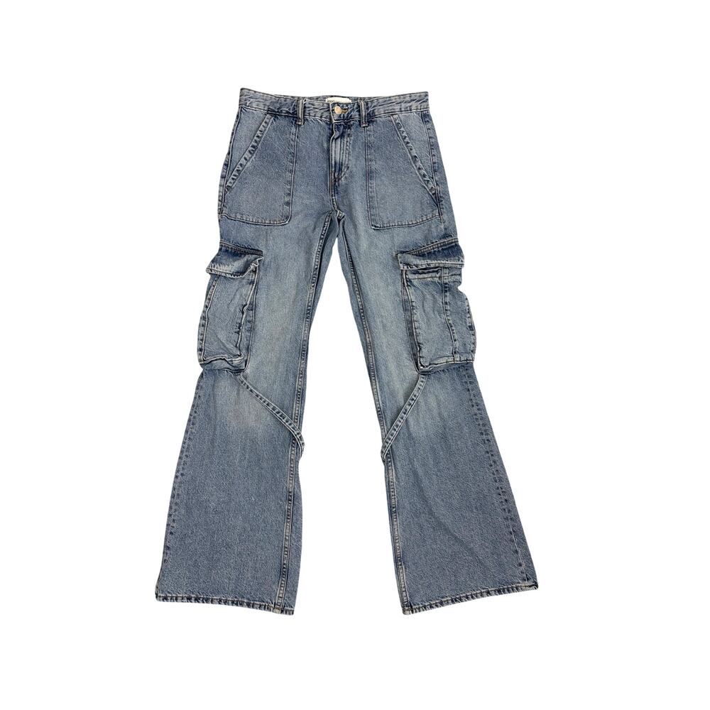 Zara Wide Leg Baggy Grunge Low Rise Flare Cargo Jeans Denim Blue Size 4 - Picture 2 of 4